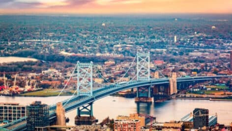 Aerial view of the Ben Franklin Bridge.