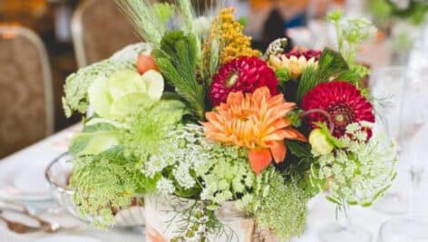 A bouquet of flowers on a table.