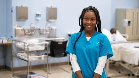 a Manor College Practical Nursing student in Manor College's new skills lab in the Basileiad Manor building.