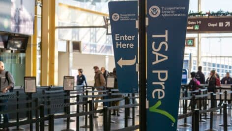 TSA precheck fast lane line before security at Reagan National Airport.