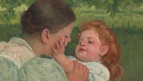 One of Mary Cassatt's paintings, titled, "Maternal Caress."