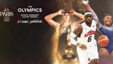 A 2024 Olympics graphic with Katie Ledecky, LeBron James, and Simone Biles.