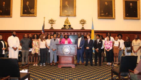 Mayor Cherelle Parker with members of the Youth Commission, City Council, and more at City Hall.