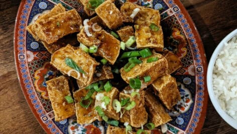 Lemongrass tofu with white rice on the side.