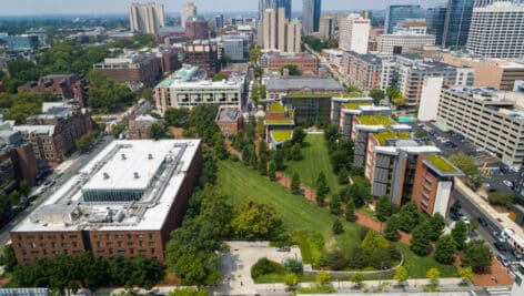 Aerial view of Penn’s Woodland Walk from 33rd Street looking west.