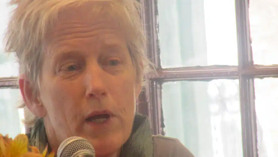 Signe Wilkinson speaking on a mic.