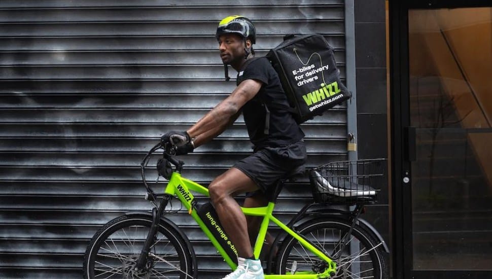 A man on an e-bike available through Whizz, a bike rental service in Philadelphia.