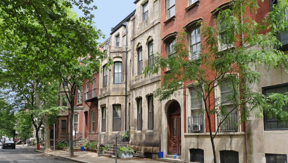 Urban neighborhood in Philadelphia with townhouses.