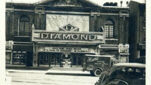 Old black-and-white photo of the old "Diamond Theater" building in North Philadelphia.