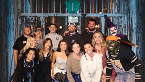 A group of people at Eastern State Penitentiary's haunted attraction, Halloween Nights.