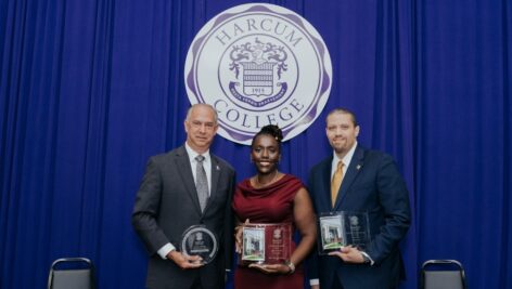 L to R: 2024 Harcum College Strauss Memorial Circle of Excellence Awardee Dr. Alexander Klein; Outstanding Alumna Awardee Jessica Jean-Burton ’17; Outstanding Alumnus Awardee Jaron Burch ’23.