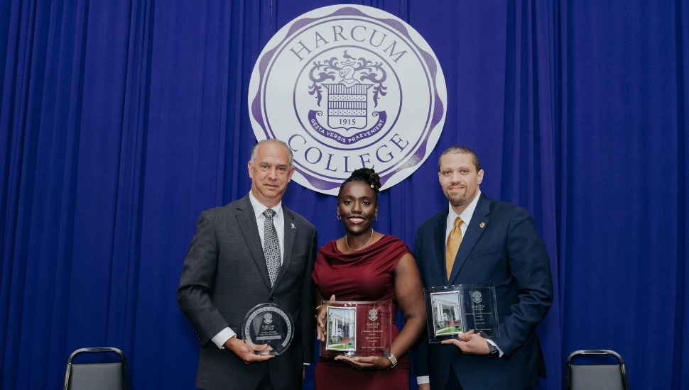 L to R: 2024 Harcum College Strauss Memorial Circle of Excellence Awardee Dr. Alexander Klein; Outstanding Alumna Awardee Jessica Jean-Burton ’17; Outstanding Alumnus Awardee Jaron Burch ’23.