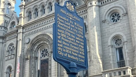 Photo of Philadelphia's official historical marker near City Hall.