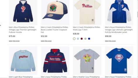 Screenshot of Phillies gear available from Mitchell & Ness.