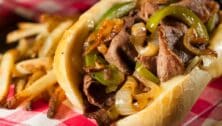 Philadelphia Cheesesteak Sandwich with Onions and Peppers.