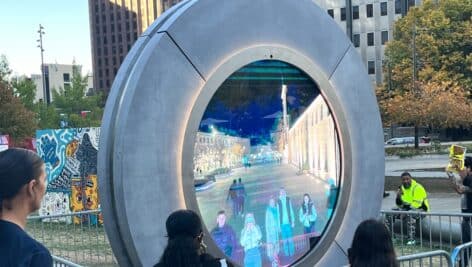 People enjoying the new Portal in Love Park.