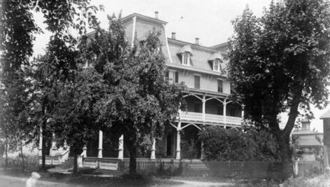 black and white photo of a hotel