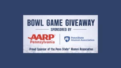 A graphic showing the following: Bowl Game Giveaway sponsored by AARP Pennsylvania and Penn State Alumni Association.