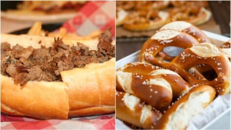 A side-by-side of a cheesesteak and soft pretzels.