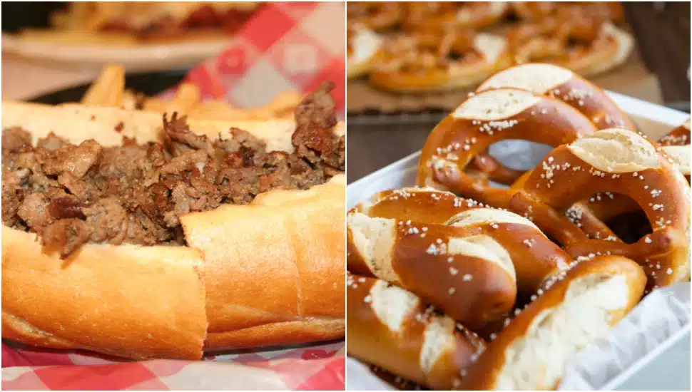 A side-by-side of a cheesesteak and soft pretzels.