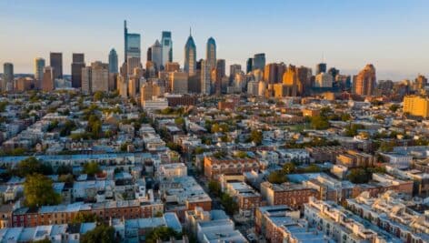 Aerial view of modern buildings against the sky In Philadelphia.