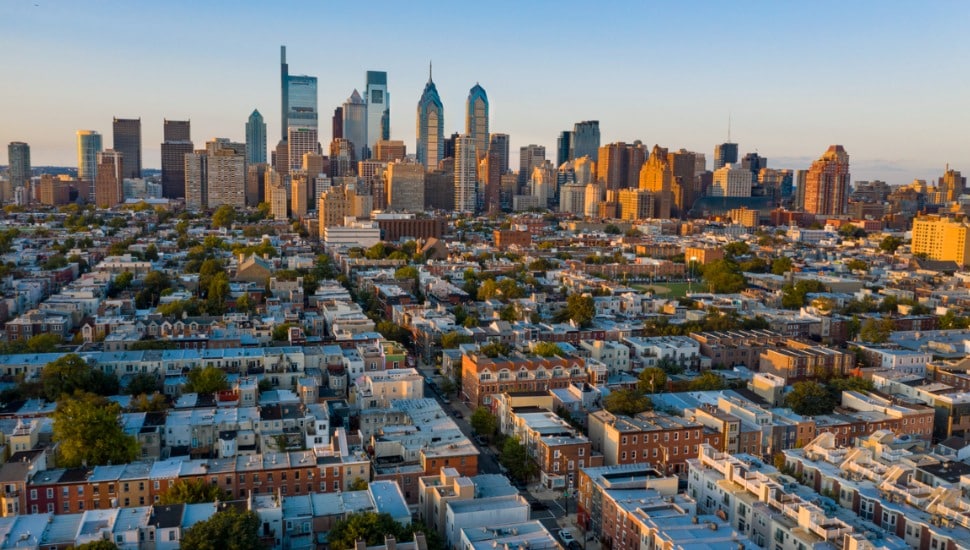 Aerial view of modern buildings against the sky In Philadelphia.