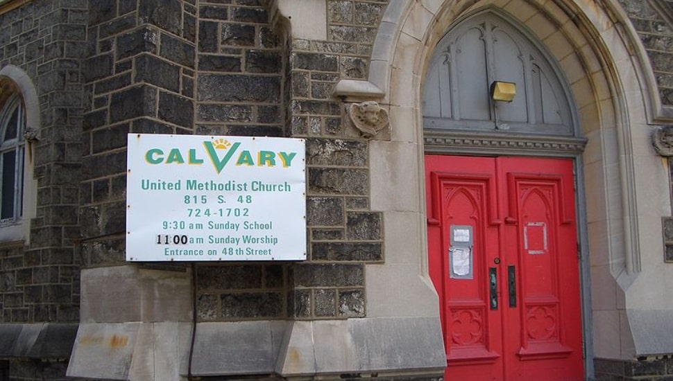 Calvary United Methodist Church's Northwest entrance exterior.