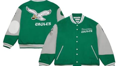 Front and back of Philadelphia Eagles varsity jacket available on Fanatics.