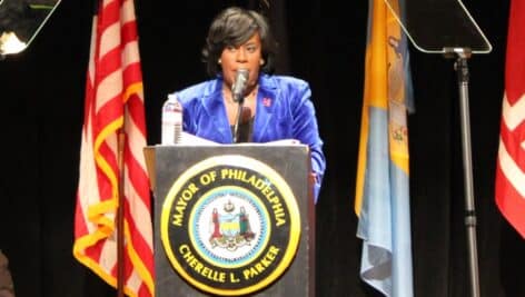 Mayor Cherelle Parker addressing the crowd.