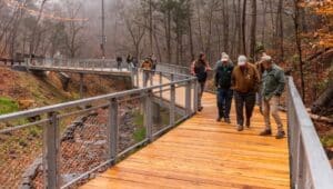 People walking on the new pedestrian bridge near Forbidden Drive at Wissahickon Valley Park.