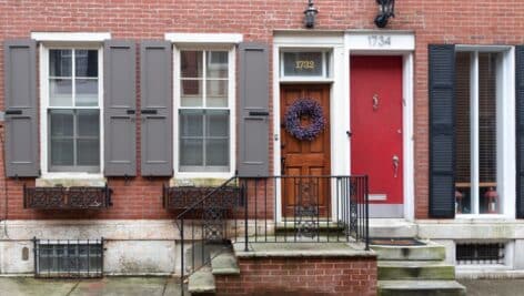 Rows of brownstone apartment buildings in Center City Philadelphia.