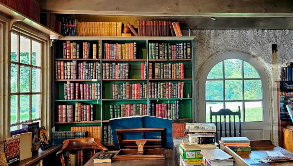 Books on shelves at Baldwin's Book Barn.