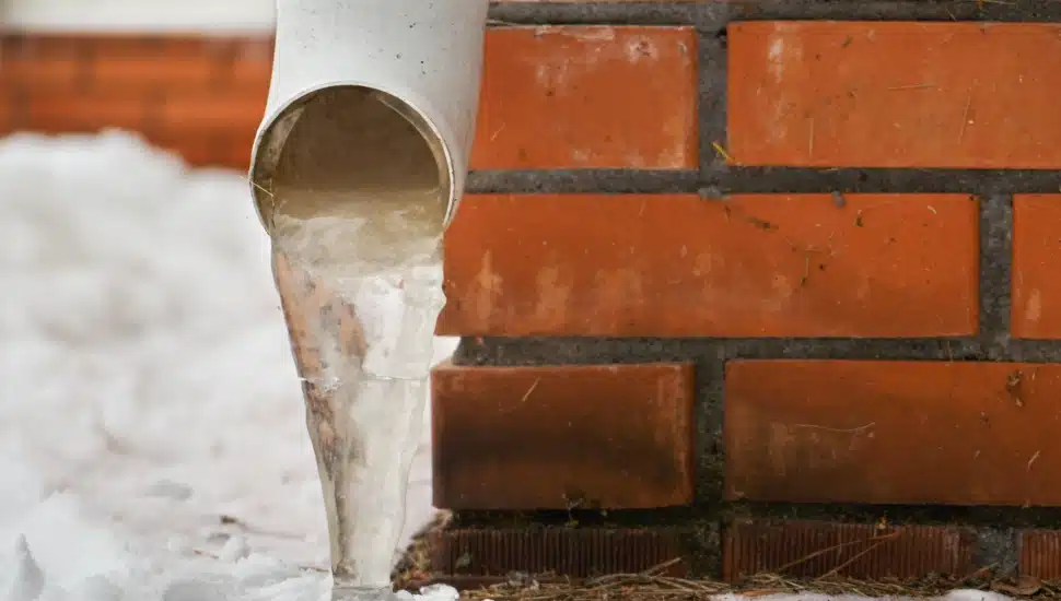 A drain pipe with frozen stream of water.