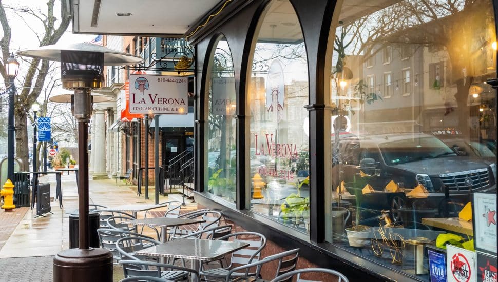 Sidewalk shops and restaurants in Kennett Square.