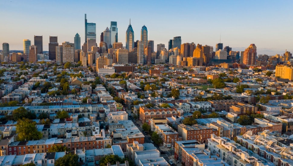 Aerial view Of modern buildings against Philadelphia sky.