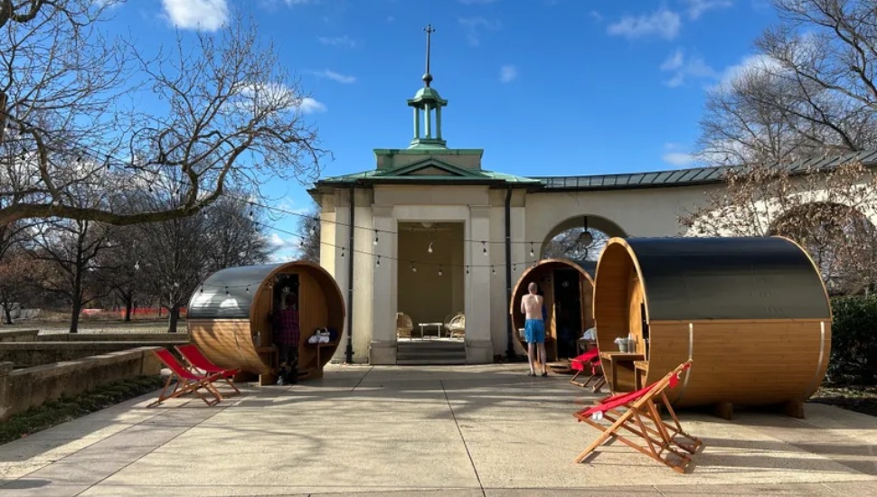 Sauna pop-up outside the American Swedish Historical Museum.