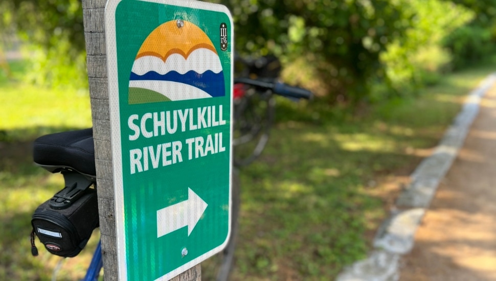 A green sign along the Schuylkill Rover Trail.