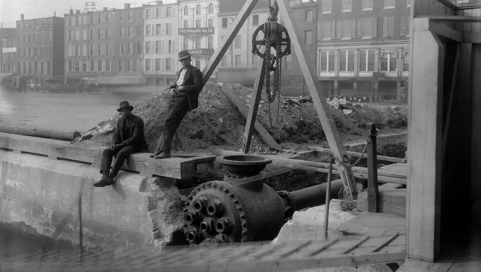 PWD workers during a pause in construction of a high pressure fire service at Race St. Wharf in 1901.