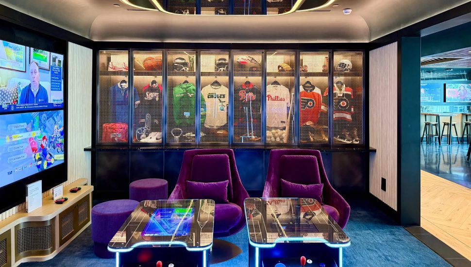 A Philadelphia sports team memorabilia wall at the Sapphire Lounge.