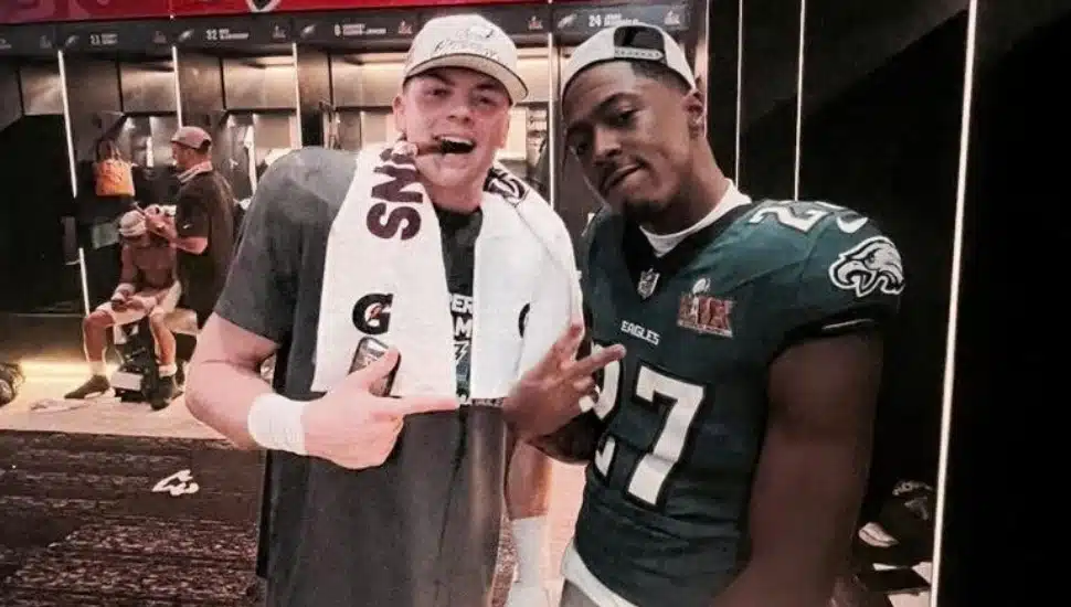 Cooper DeJean (left) and Quinyon Mitchell (right) after winning the Super Bowl.