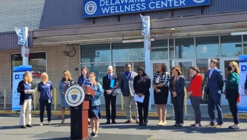 Officials hold a press conference at the Delaware County Wellness Center.