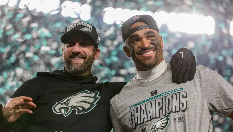 Nick Sirianni (left) and Jalen Hurts (right) smiling after winning NFC Championship Game.