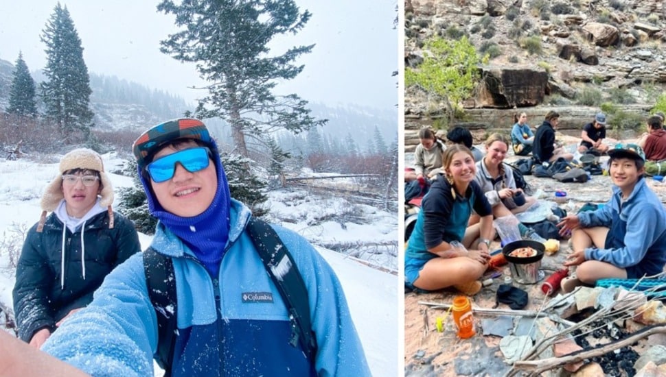 Students take selfie on top of a mountain and eat at base of a mountain.
