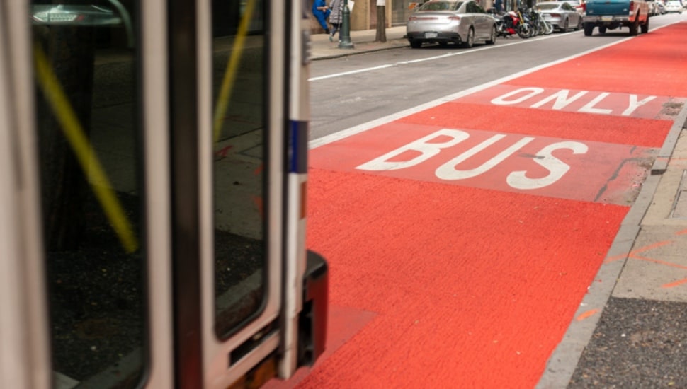 A close-up of a SEPTA bus approaching a bus lane.