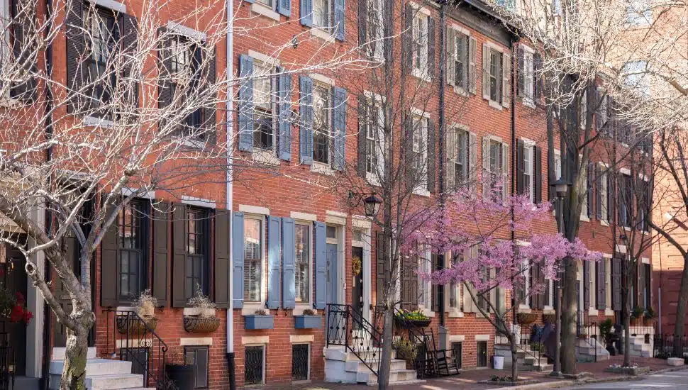 Rows of brownstone apartments in Center City Philadelphia,