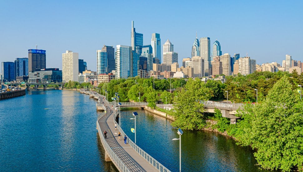 Philadelphia skyline with the Schuylkill River.