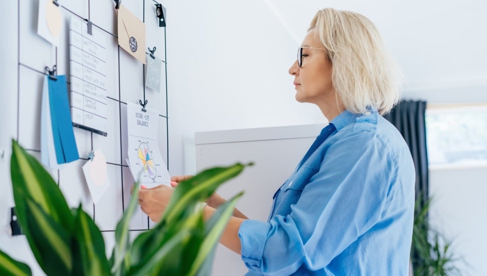 Concentrated middle aged businesswoman pinning work-life balance wheel diagram on grid mood board on her work space.