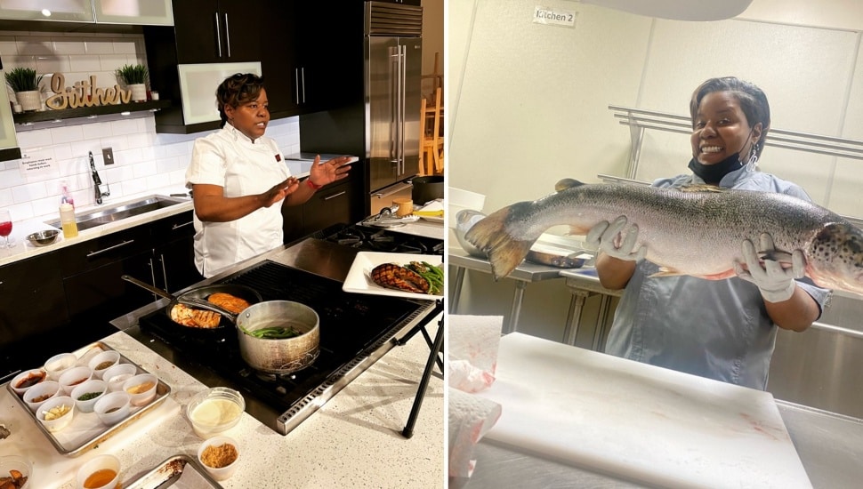 Private chef demonstrates cooking lesson.