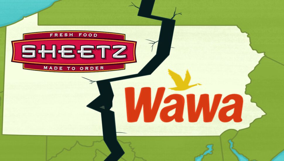 An outline of Pennsylvania with the Wawa logo in the eastern half and the Sheetz logo in the western half.