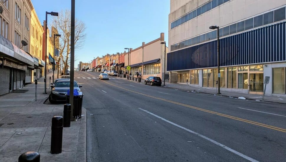 A quiet look at a nearly deserted 69th Street business district in Upper Darby.